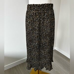 Pleione Black Floral Midi Micro Pleated Skirt with Ruffle Hem